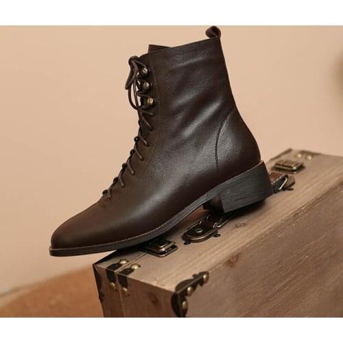 2021 New Women Shoes Lace-up Women Boots Winter Ankle Boots for Women Genuine Leather Womens Chunky Boots black boots
