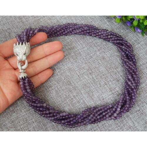 New 8strds natural Amethysts Round necklace-zircon clasp