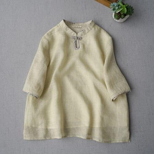 Summer New Arrivals Women Loose Mori Girls Chinese Buttons Vintage Comfortable Thin Ramie White Pullover Shirts/Blouses 4 Colors