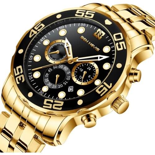 Ben Nevis brand new gold quartz watch multi function three eye six needle fashion luminous watch man