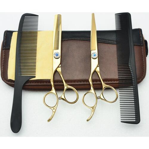 Left Hand 4Pcs Suit 6 inch Customized Logo Golden JP 440C Human Hair Hairdressing Scissors Cutting Shears + Thinning + Combs