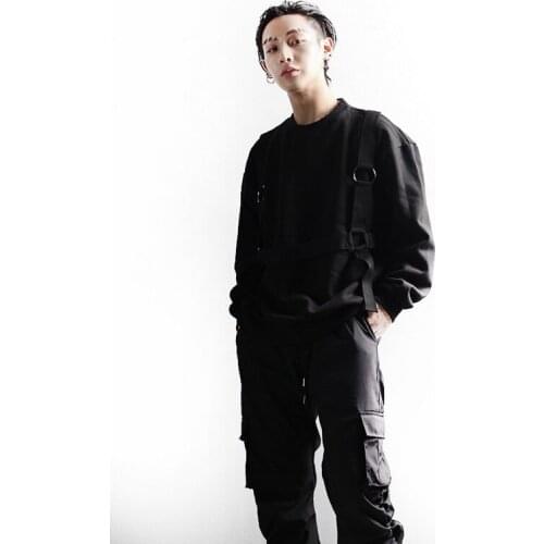 Pullover mens hip hop loose BF lazy round neck strap decorative functional style coat