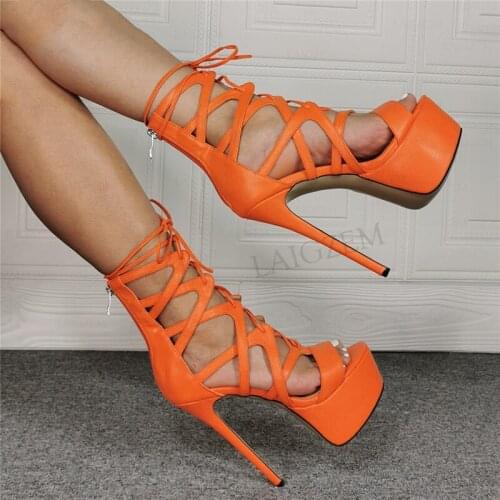 SEIIHEM SUPER Women Platform Sandals Back Zip Open Toe Lace Up Stiletto Heels Faux Leather Prom Shoes Women Plus Size 42 50 52