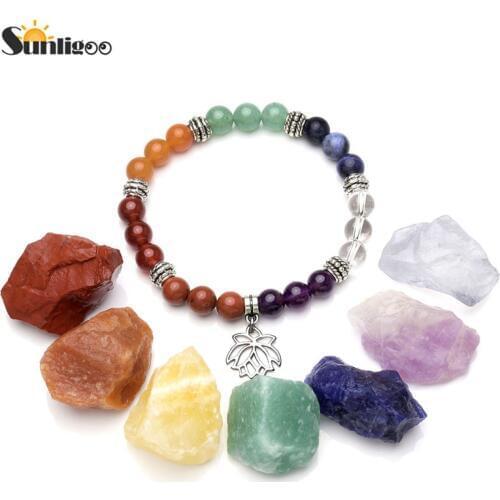 Sunligoo Dropship 7 Chakra Healing Crystals Natural Rough Raw Stone Chakra Bracelet Meditation Set Reiki Energy Yoga Stone Set