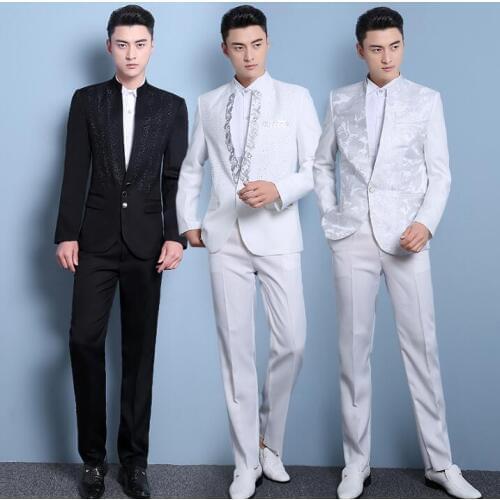 Stand collar mariage groom wedding suits for men blazer boys prom sequins suits fashion slim masculino latest coat pant designs