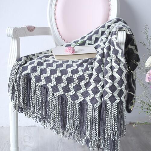 Knitted Throw Blanket Grey Yellow Black Grey Zigzag Sofa Throw Blanket Tassels Air Condition Blanket Travel Acrylic 120x230cm