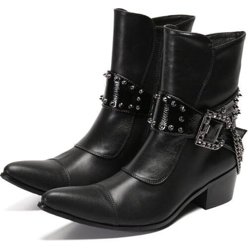 Italian Punk Genuine Leather Mens Shoes High Heels Military Cowboy Ankle Boots Metal Pointed Toe Male Buckle Dress Shoes Men