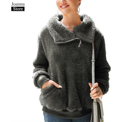 Spring Plush Short Hoodies Women High Collar Pockets Long Sleeve Fluffy Sweatshirts Ladies Pink Plus Size Casual Loose Pullover