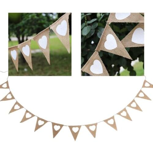 4.5M Vintage Heart Love Triangle Pull Flag Jute Burlap Bunting Banner Hessian Flags For Happy Birthday Wedding Party Decoration