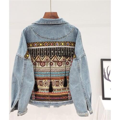 Spring Loose Vintage Ethnic Embroidery Tassel Jeans Jacket 2021 New Women Frayed Blue Denim Jacket Long Sleeve Casual Outerwear