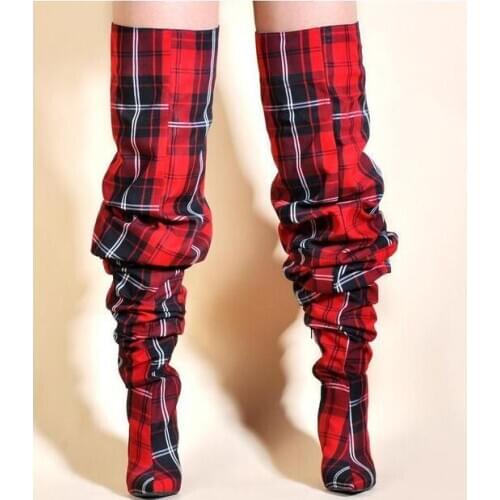 Moraima Snc Autumn Winter New Woman Long Boots Pointed Toe Plaided Thigh High Boots Thin Heels over the Knee Boots