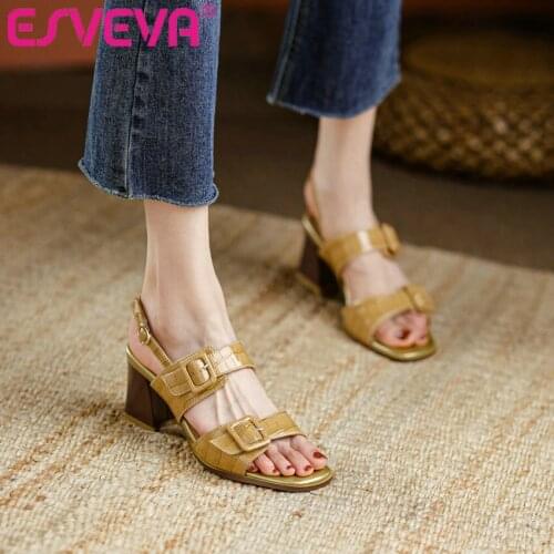 ESVEVA 2021 PU Leather Summer Women Pumps Back Strap Elegant Sandals Square High Heel Slingback Female Shoes Big Size 34-43
