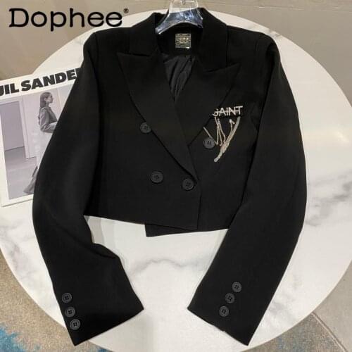 2021 Spring New Letter Rhinestone Chain Solid Suit Jacket Women Temperament Office Lady Lapel Blzer Coat Female Loose Crop Tops