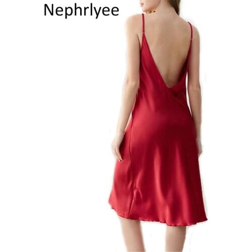 2020 Backless Women Satin Deep V Neck Sexy Dress Solid Straight Pajamas Party Dress Elegant Female Summer Dress SLP001356