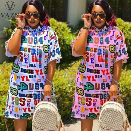 VAZN Plus Size Party Going Out Wear V-neck Beach Wind Cartoon Print Vestido Short Sleeve Young Dress Mature Fashion Dress