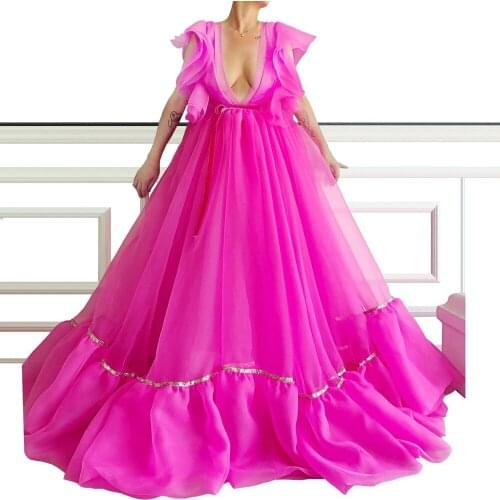 Evening Dress Sexy Hot Pink Deep V Long abendkleider Elegant Fuchsia Evening Dress Lush Robe De Soiree vestido de festa longo