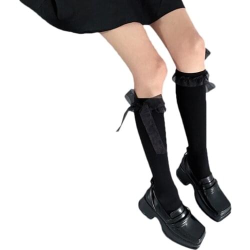 066C Women Girls Solid Color Calf/Knee High Socks Lolita Kawaii Ribbon Lace Stockings