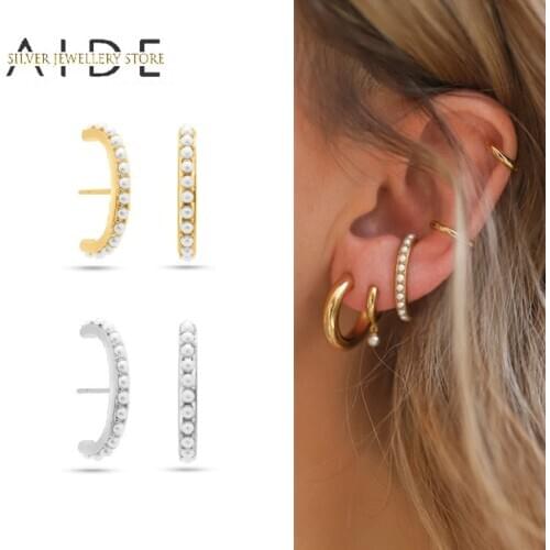AIDE Curved Pearls Strand Stud Earrings for Women Simple Helix Screw Piercing Earings 925 Sterling Silver Fine Jewelry kolczyki