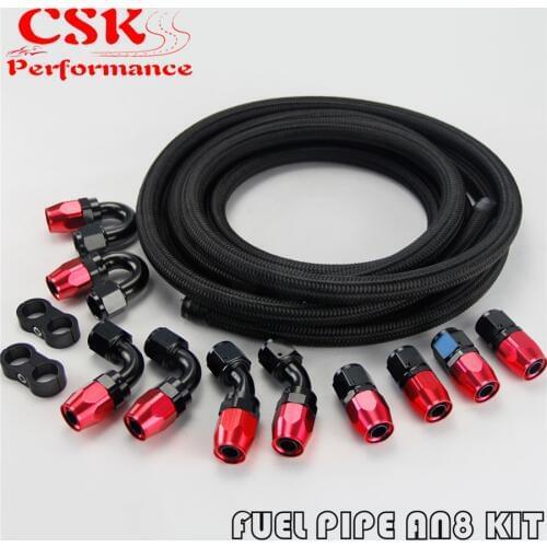 AN8 8AN Stainless Steel Nylon Braided Oil Fuel Line Hose+Fitting Hose End Kit Black