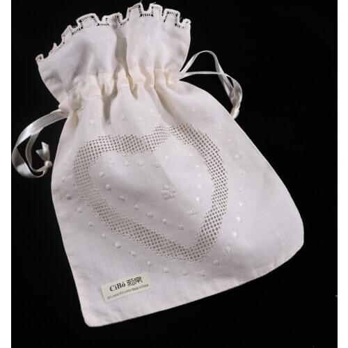 B020 : 12pieces Beige ramie cotton hand embroidery Drawnwork gift Storage bags travel pouchs Drawstring bags