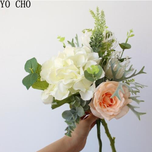 YO CHO Autumn Flowers Bouquet Silk Rose Hydrangea Lavender Artificial Flowers Silk Wedding Home Christmas Decor Flowers Bouquet