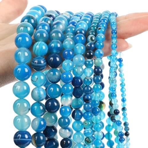 Natural Stone Beads Smooth Blue Stripe Agate Onyx Round Spacer Loose Bead For Jewelry Making Bracelet DIY Necklace 4/6/8/10/12MM