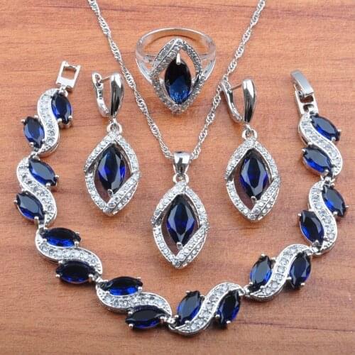 For Women Wedding Gifts Jewelry Blue Crystal Silver Color Jewelry Set Earrings/Pendant/Necklace/Bracelet/Ring JS0206