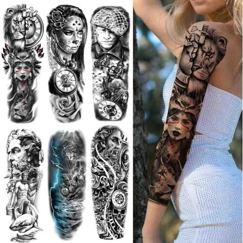 Sexy Tribal Girl Temporary Tattoo For Women Men Soldier God Tattoo Sticker Full Sleeve 3D Fake Flower Black Tatoos Long Shoulder