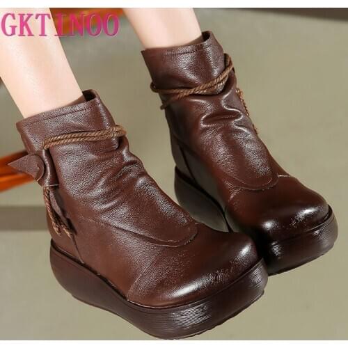 GKTINOO Retro women shoes 2021 spring genuine leather Female short boots cowhide platform wedges with ankle boots women booties