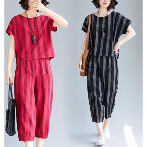 Fashion Summer Cotton Linen Two Piece Set Women Striped Loose Harem Pants + Casual O-neck Tops Suits Elegant Womens Sets L434