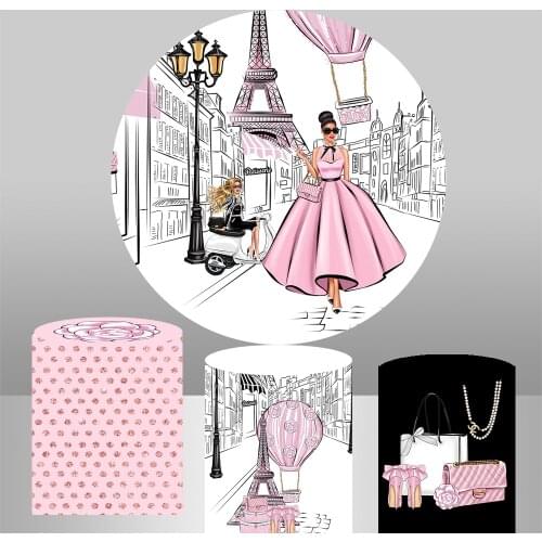 Round circle background Fashion parisian girl Backdrop pink balloon birthday Party table/column/cylinder Covers YY-487