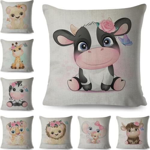 Cute Cartoon Animal Print Cushion Cover Decor Giraffe Cow Lion Elephant Pillow Case Linen Pillowcase for Children Room Home