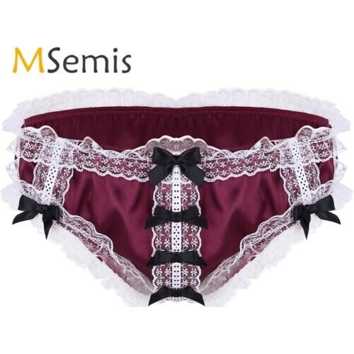 Mens Lingerie Bikini Sissy Underwear Soft Shiny Ruffled Floral Lace Satin Low Rise Stretchy Briefs