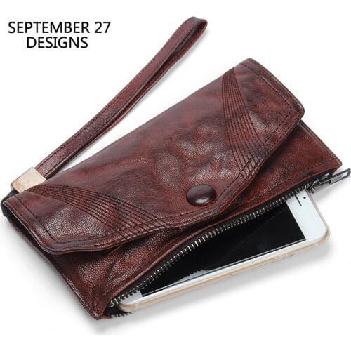 Genuine Leather Men Long Wallets Handmade Retro Male Clutch Phone Wallet Coin Purse Vintage Women Credit Card Purses Money Bag