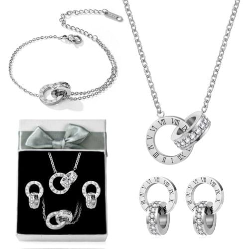 Luxury Elegant Roman Numeral Crystal Necklace Earrings For Women Fashion Stainless Steel Earrings Set 2021 Trend Wedding Jewelry