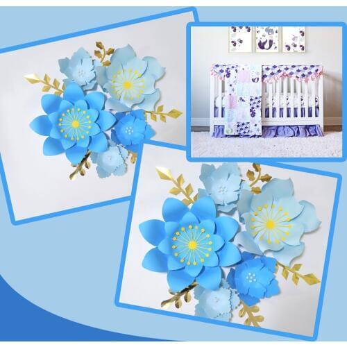 Handmade Blue Rose Easy DIY Paper Flowers Gold Leaves Set For Nursery Wall Deco Boys Room Baby Shower Backdrop Video Tutorials
