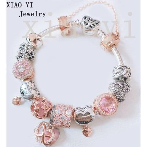 XIAOYI 2020 New 100% S925 A pink heart with a floral cat eye hollowed-in zircon snake bracelet for Valentines Day female