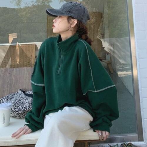 Solid Color Standing Collar Sweatshirt Women Spring 2021 New Loose Casual Zipper Thick Pullover Hoodie