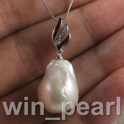 Huge 20 mm white baroque keshi reborn southsea pearl pendant necklace 925s