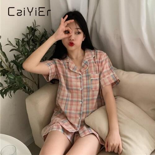CAIYIER Sweet Pajama Women Nightwear Grid Printed Summer Short Sleeve Sleepwear Trendy Leisure Korean Style Shorts Homewear Suit