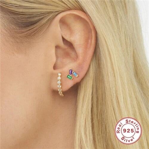Laudable Unusual stud earrings for women Multicolor rectangle rainbow zircon 925 sterling silver fine jewelry ear accessory gift