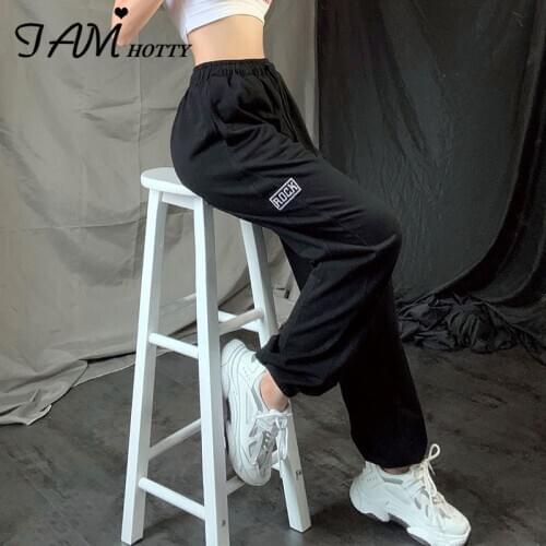 IAMHOTTY Solid Cotton Letter Print Casual Sweatpants Women High Waist Loose Wide Leg Cargo Trousers Streetwear Vintage Joggers