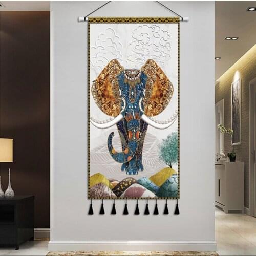 Luxury European Cloth Cartoon Tapestry Dorm Office Hotel Room Decor Elepant Wall Hanging with Tassels for Living Room Bedroom
