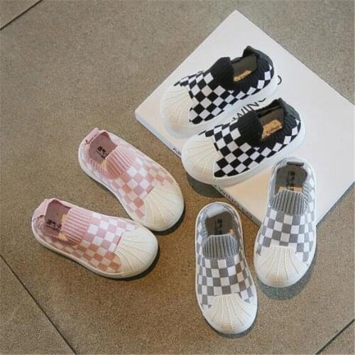 2021 spring and autumn new childrens shoes girls' flying Plaid casual shoes boys' soft bottom non slip baby walking shoes