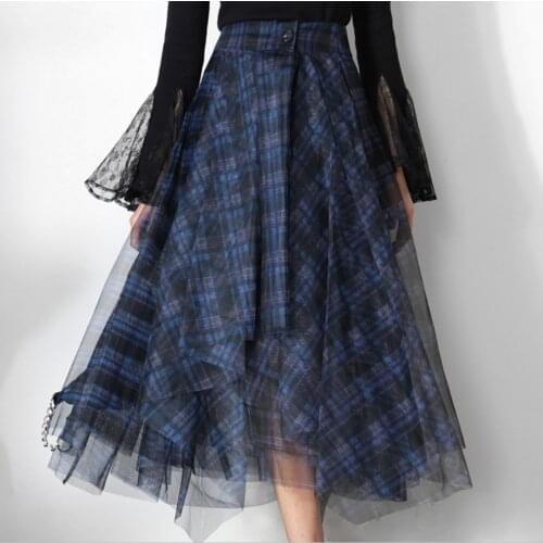 High Elastic Waist Plaid Mesh Spliced Irregular Hit Color Half-body Skirt Women Fashion New Spring Autumn