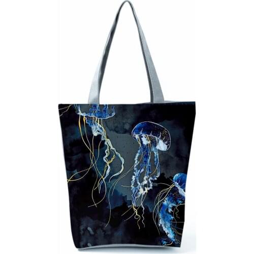 Japanese Ukiyo Design Handbag Blue Jellyfish Printed Shoulder Bag Eco Friendly Beach Bag High Capacity Shopping Bag Fashion Tote
