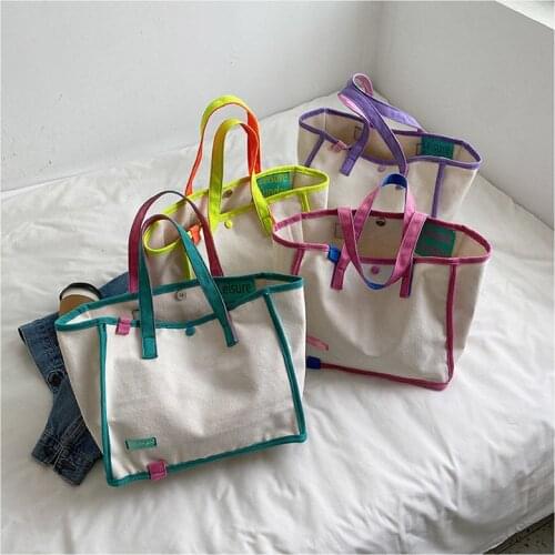 Women Canvas Tote Bag Patchwork High-capacity Shopping Travling Fashion Ins Easy to Match 2021 Beige Fluorescent Yellow