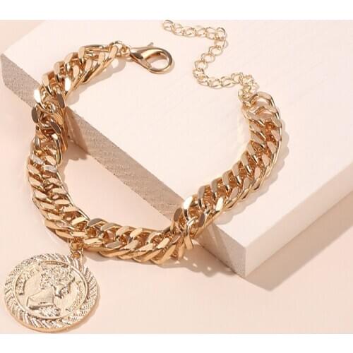 Gold Color Metal Cuban Chains Female Bracelets Bangles 2020 Charm Queen Head Coin Pendant Bracelet For Women Bracelet Femme Gift