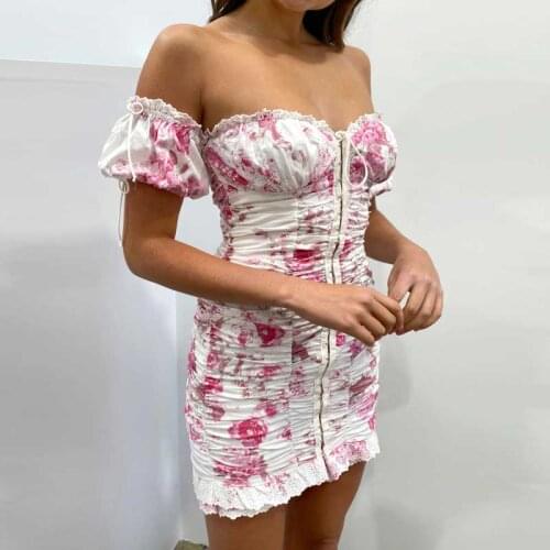 BOHO INSPIRED pink floral off-the-shoulder mini dress eyelet trim Shirred summer dress cotton sexy party dress mini ladies dress