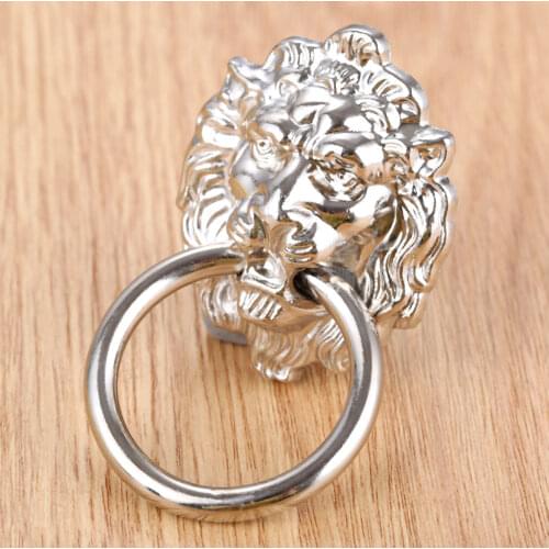 1set Lion Head Handles Silver Pulls Zinc Alloy Mini Knobs Wine Box Jewelry Chest Case Drawer Cabinet Decor Vintage Retro 40x67mm